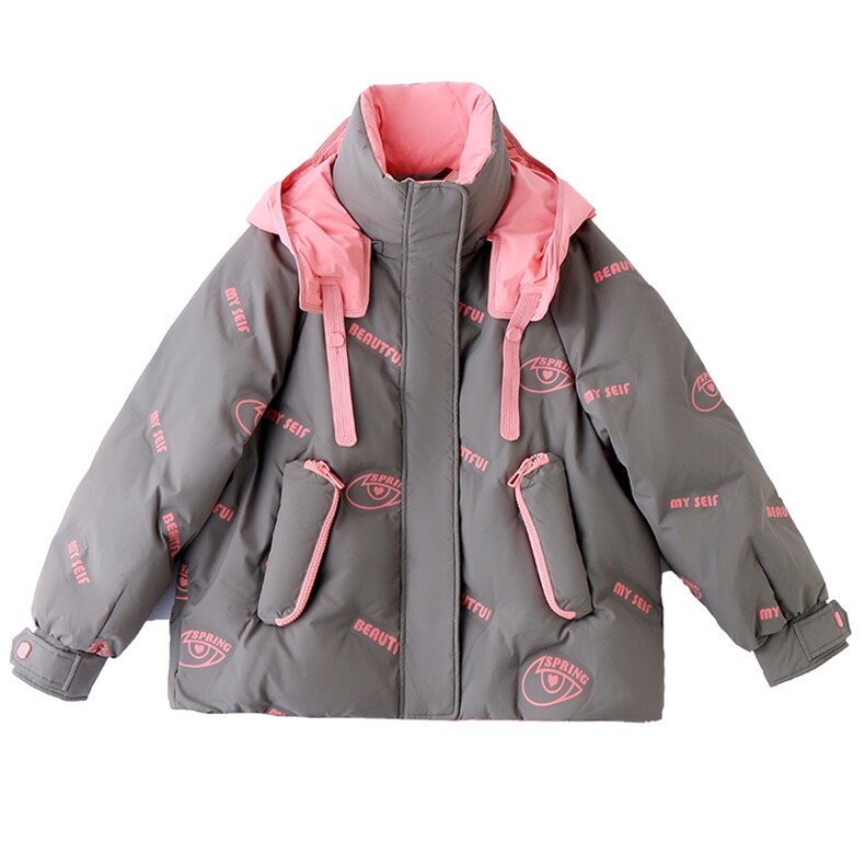 时尚撞色连帽羽绒服女2024冬季新款小个子宽松超好看白鸭绒面包服,女装羽绒服,雅佳俏