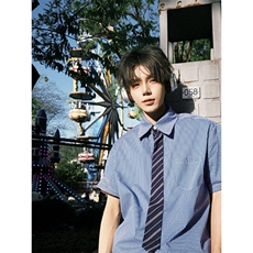 蓝色格纹假领带衬衫男女夏季短袖美式衬衣学院风情侣小众设计外套，男装T恤，星座601-1