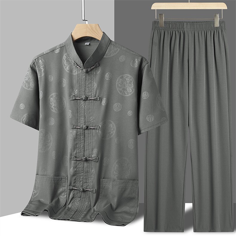 男士夏季休闲唐装中老年短袖长裤套装风冰丝薄款爸爸装太极服图片