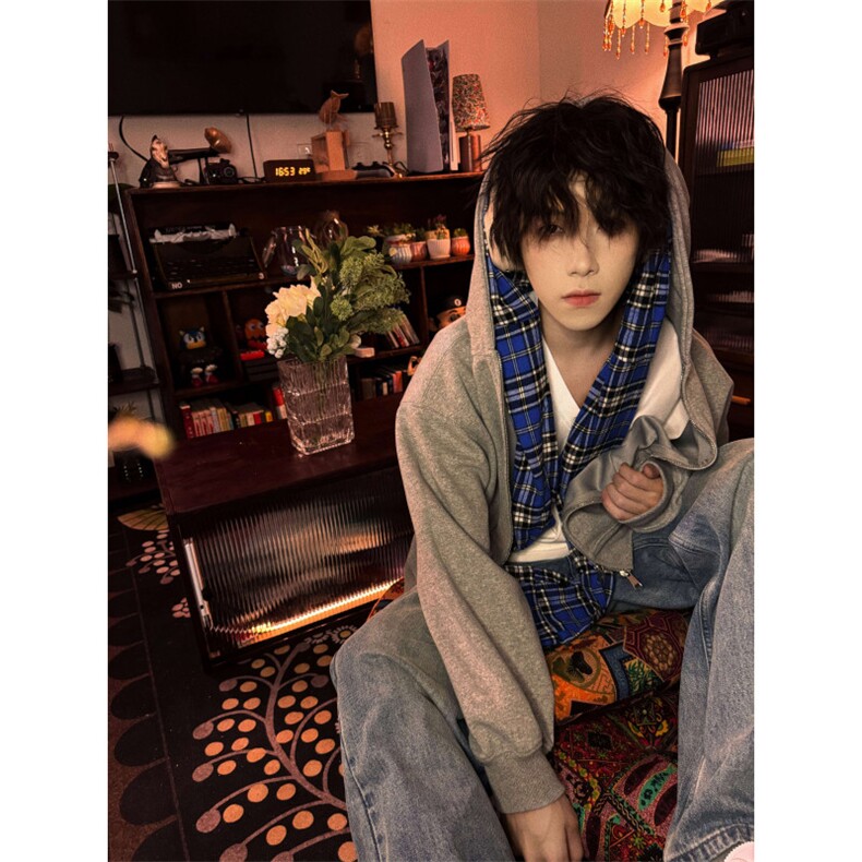 【有货】假两件格子拼接卫衣男款设计感连帽开衫外套JL97CC-特P68,女装短外套,星座1007（原301D）