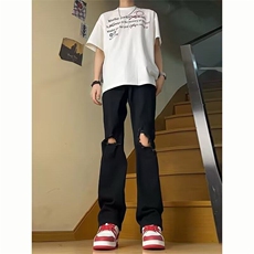 黑色微喇破洞牛仔裤男款夏季穿搭裤子痞帅修身显瘦直筒裤N7027，男装牛仔裤，星座1116A（原606A-3）
