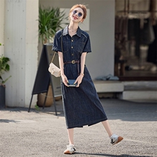 官方牛仔拼接撞色连衣裙女2025夏季新款收腰显瘦开叉长裙，女装连衣裙，E百度