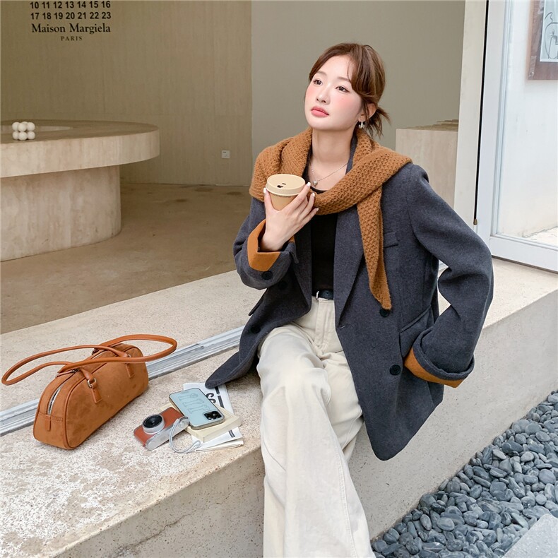 减龄围脖保暖深灰色西装毛呢外套女秋冬2025新款小个子巨好看西服,女装毛呢外套,2C177