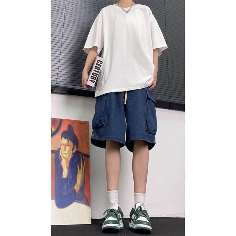 美式复古七分工装牛仔短裤日系cityboy廓形大码oversize,男装牛仔裤,星座310A-4