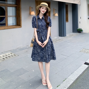 复古印花纯棉连衣裙女2025新款夏季宽松收腰显瘦超好看休闲衬衫裙图片