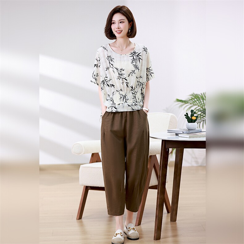 优雅印花宽松两件套女夏装新款时尚休闲裤套装,女装套装/套裙,叶笙衣