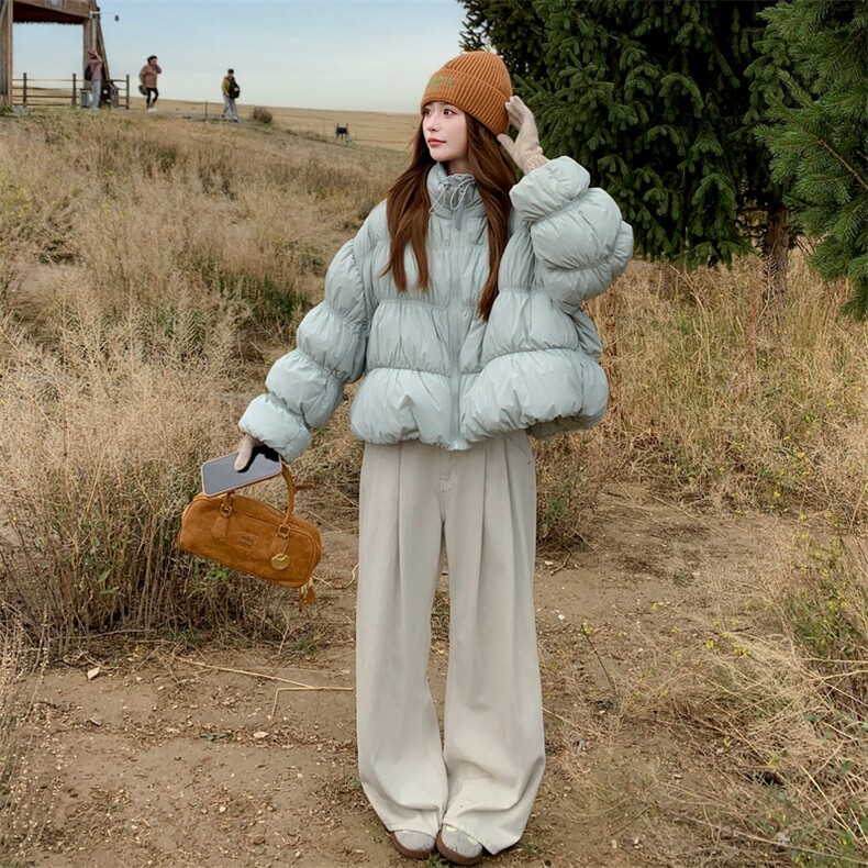 baby蓝短款羽绒服女冬季加厚加绒新款小个子重工抽褶白鸭绒外套,女装羽绒服,2C120