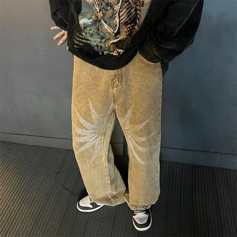 水洗做旧高街刺绣牛仔裤男宽松拖地直筒裤ins阔腿长裤潮NK40-p52,男装牛仔裤,星座1008-2