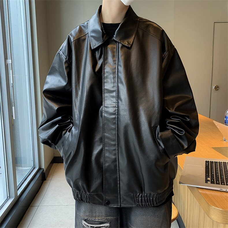A812-P66皮衣外套男款秋季美式潮牌翻领宽松pu皮拼接机车服夹克,男装夹克,星座512-6