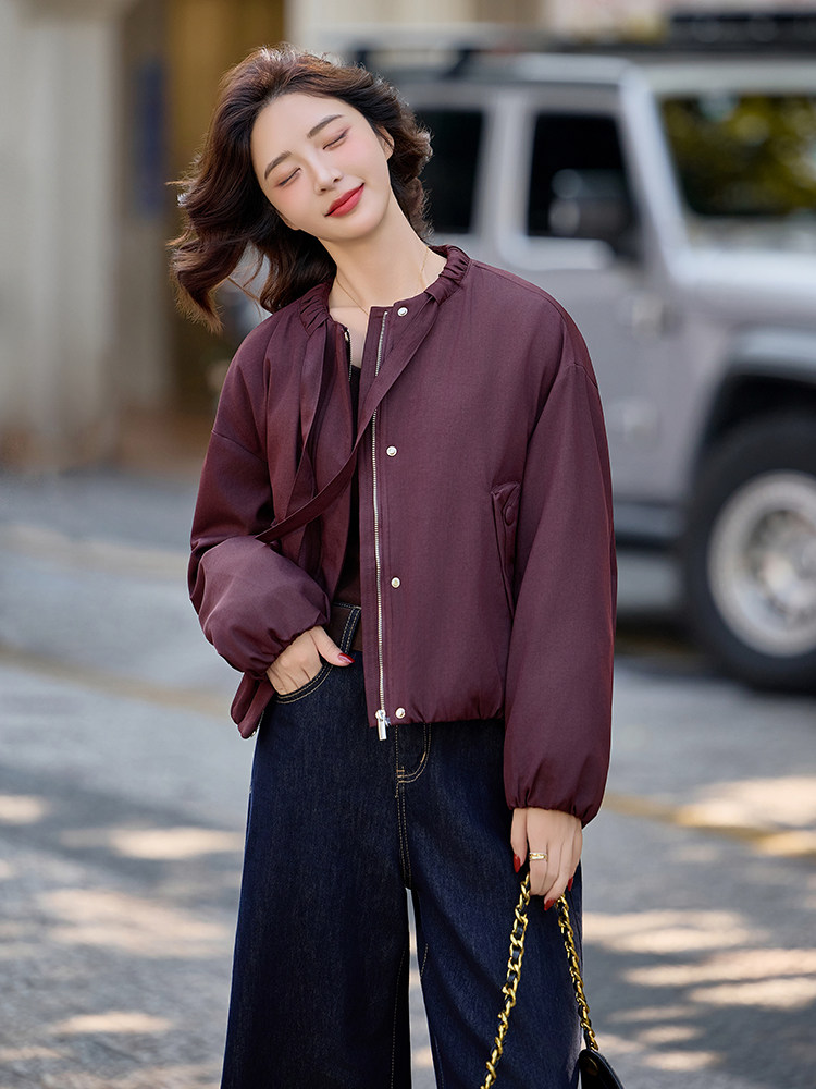 水衣源2798款纯色圆领飘带短款休闲宽松羽绒服女保暖外套,女装羽绒服,水衣源