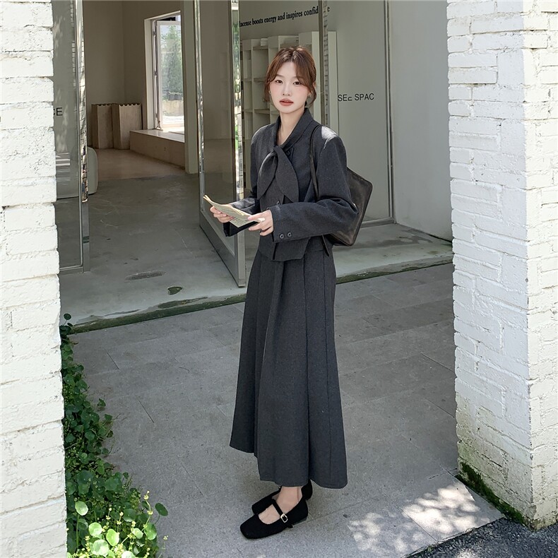 灰色韩版两件套连衣裙,女装套装/套裙,浙宝238