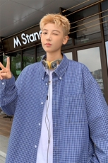 特批P35无差价秋新时尚复古翻领格子衬衫男休闲百搭衬衣外套C2555，男装衬衫，电商A001-1
