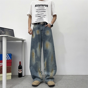 美式高街慵懒宽松裤子男设计感高级感废土风泼墨牛仔裤N708-P50图片