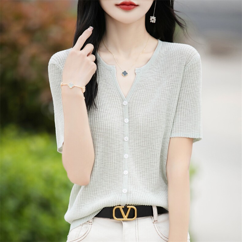 竹节麻针织V领短袖女T恤夏季裙子外搭上衣披肩薄款坑条显瘦外套潮，女装针织衫/毛衣，东远绒业