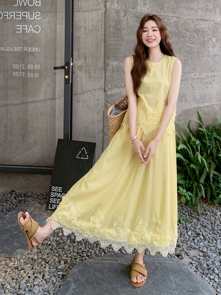 黄色蕾丝拼接背心半身裙套装女2025年夏季新款减龄休闲显瘦两件套,女装套装/套裙,浙宝210（原浙宝191）