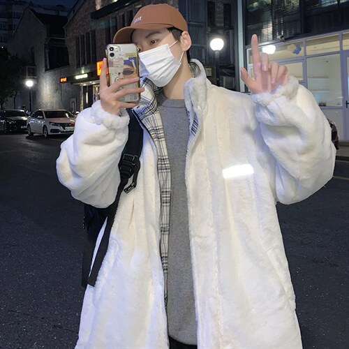 冬季港风羊羔毛两面穿外套男格子翻领棉衣加厚潮流棉袄MY56-P135,男装棉衣,电商B295