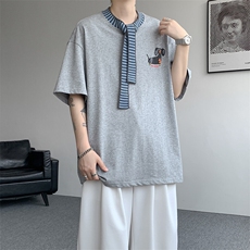 8XL-M纯棉复古拼接假领带设计短袖美式T恤男重工情侣上衣潮DX341，男装T恤，电商D206-1