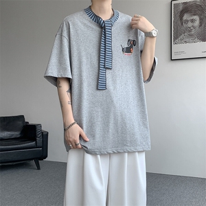 8XL-M 纯棉复古拼接假领带设计短袖美式T恤男重工情侣上衣潮DX341图片