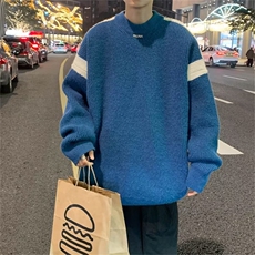 鹿毛绒针织衫男韩版潮流拼色帅2023冬季新款ins宽松毛衣MZ117-P50，男装针织衫/毛衣，星座412-3