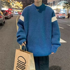 鹿毛绒针织衫男韩版潮流拼色帅2023冬季新款ins宽松毛衣MZ117-P50图片