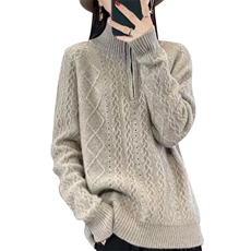 100%纯羊绒衫女高领拉链绞花长袖毛衣秋季半高领冬加厚宽松羊绒韩，女装针织衫/毛衣，萱芳婷羊绒