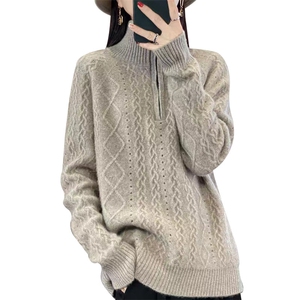 100%纯羊绒衫女高领拉链绞花长袖毛衣秋季半高领冬加厚宽松羊绒韩图片