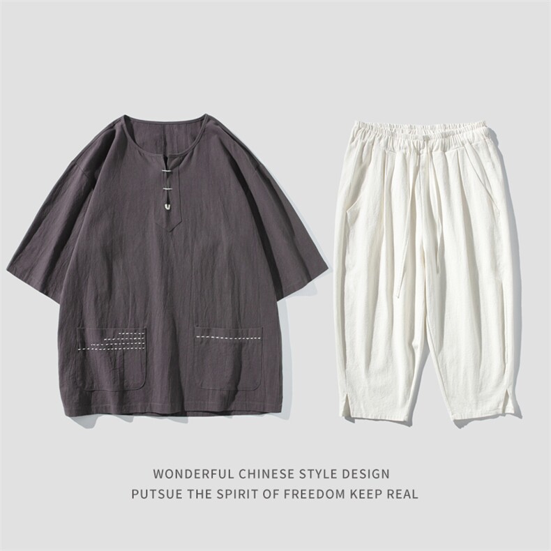W853P75平铺加大码休闲风七分袖T恤棉麻七分裤套装夏，男装T恤，电商A026