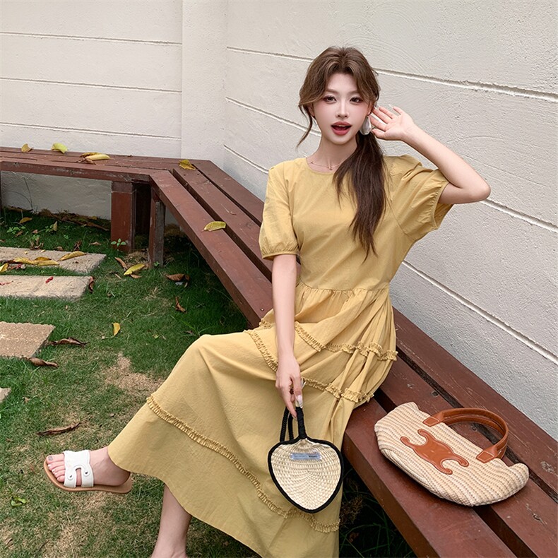 法式巨好看泡泡袖黄色连衣裙女夏2025新款长裙今年流行爆款温柔风,女装连衣裙,2C029