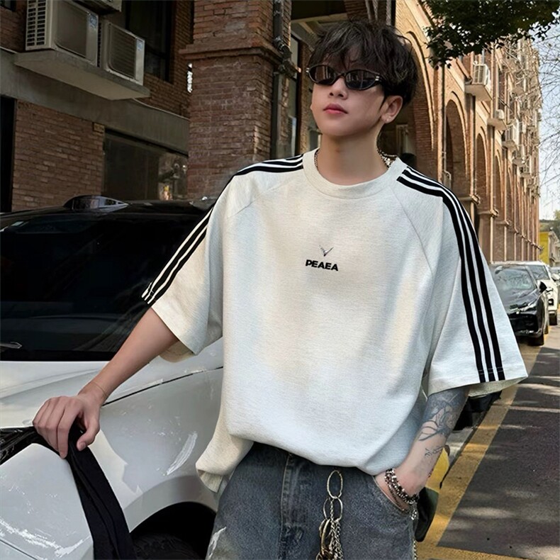 抖音得物品质二开240克宽松纯棉美式潮牌印花三条杠中性风短袖T恤，男装T恤，电商A486