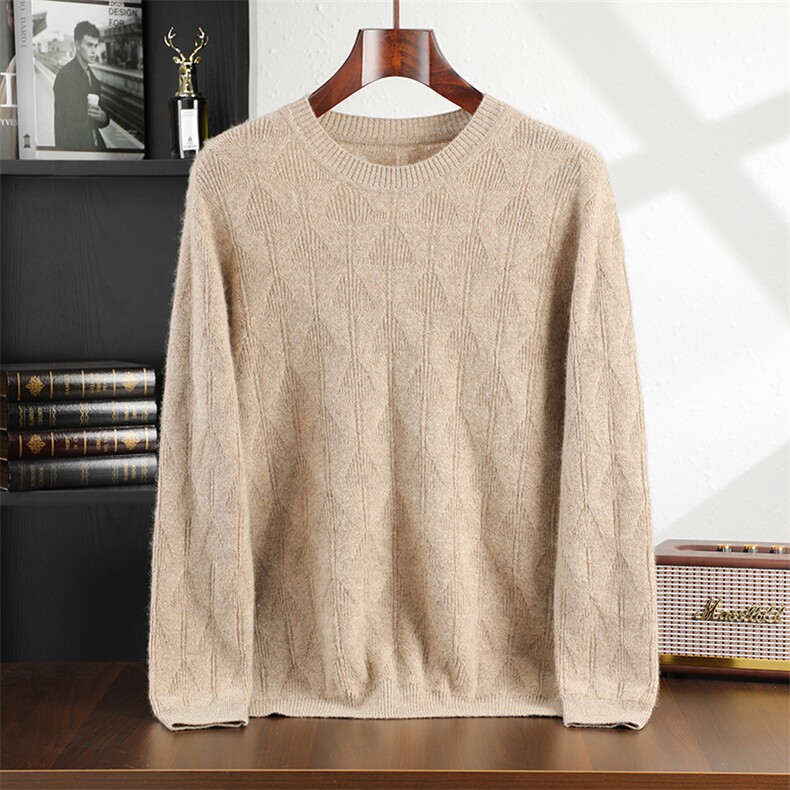 全身席编圆领男款衫35%休闲纯色男装，男装羊绒套衫，飞邦羊绒