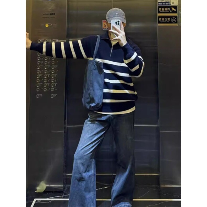 1506-1/ZS501/P50半拉链条纹毛衣男立领秋冬新款慵懒高级感宽松,男装针织衫/毛衣,星座1506-1