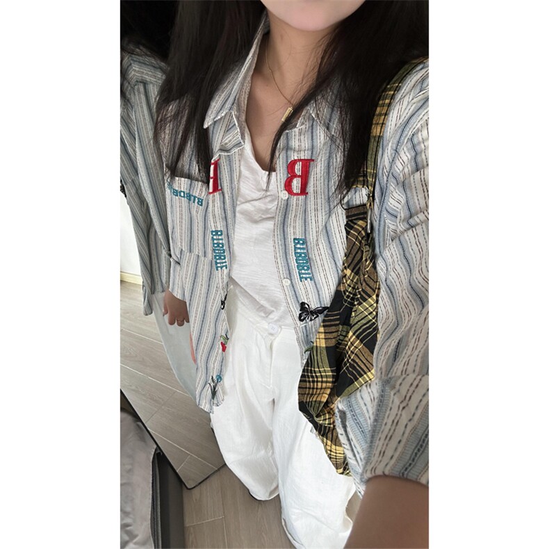 网图有货美式复古条纹衬衫男宽松刺绣休闲情侣衬衣女A317-P48，男装衬衫，星座1505