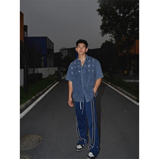 网图有货夏季刺绣牛仔短袖衬衫做旧美式宽松工装夹克A541-P75，男装夹克，星座1505