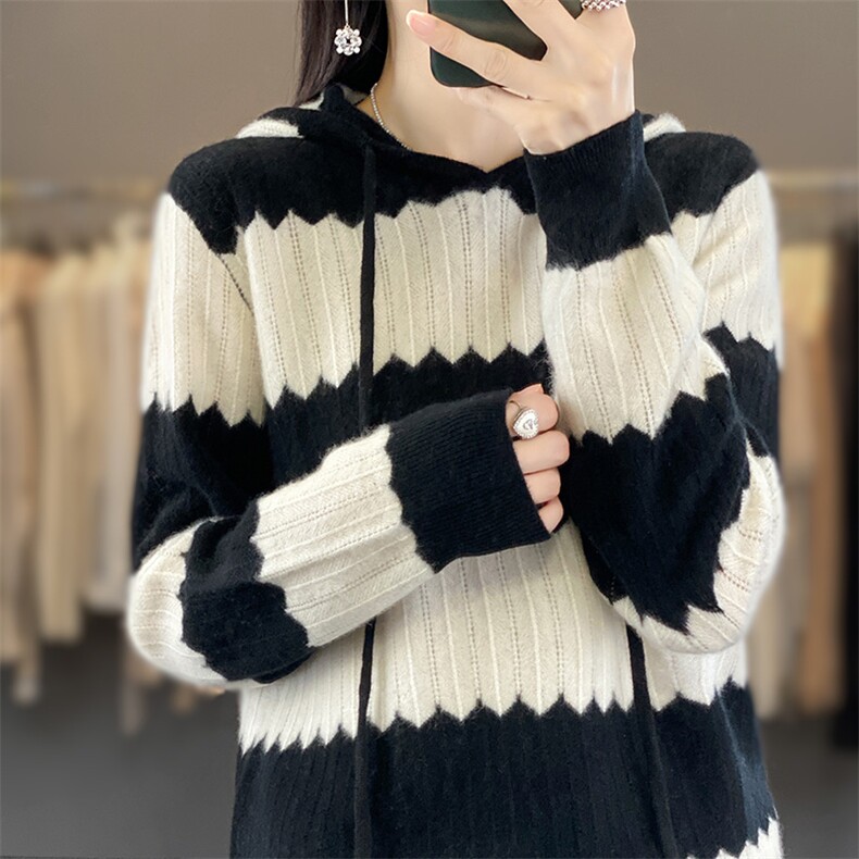 彩条帽衫套头长袖羊毛2024年秋季简约,女装羊毛衫,德晨羊绒