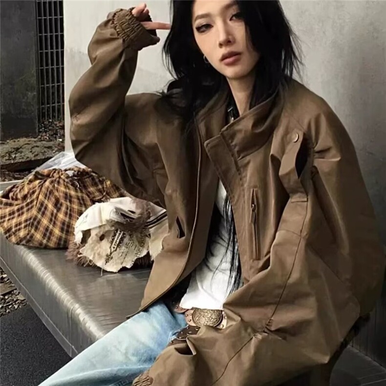 美式复古卡其色立领工装夹克男女cleanfit高级感短宽巴恩风外套潮,男装夹克,星座506A