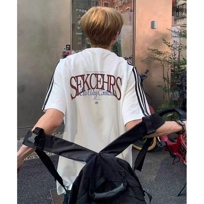 抖音得物高品质二开240克宽松纯棉美式潮牌三条杠织带短袖T恤，男装T恤，电商A486-1