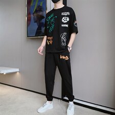 2023夏季新款潮流韩版宽松休闲T恤套装青少年时尚男装F306P68，男装休闲套装，电商A086