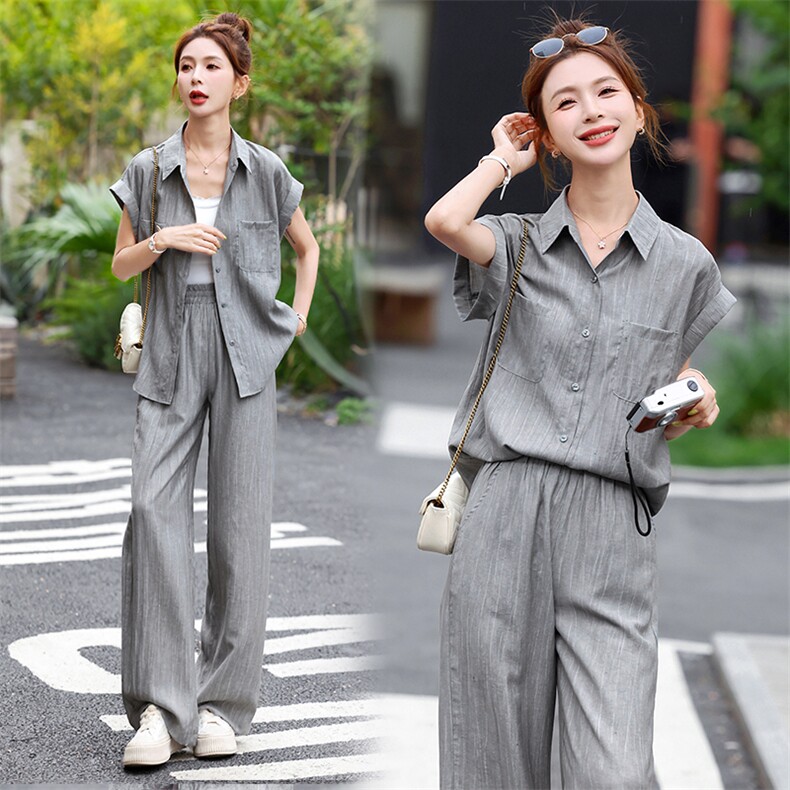 FALVLITE显瘦穿搭衬衫领休闲套装女夏季新款小个子时尚气质两件套，女装套装/套裙，梦依杭