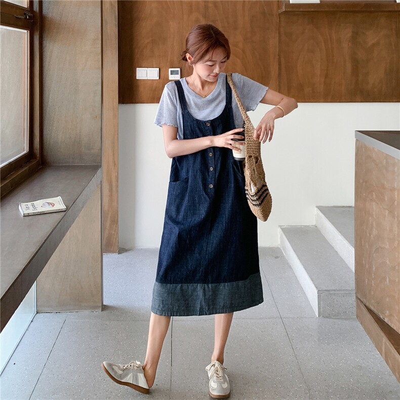 2025年新款夏季韩版简约T恤撞色牛仔背带裙套装女气质显瘦两件套,女装套装/套裙,慧尚2-185