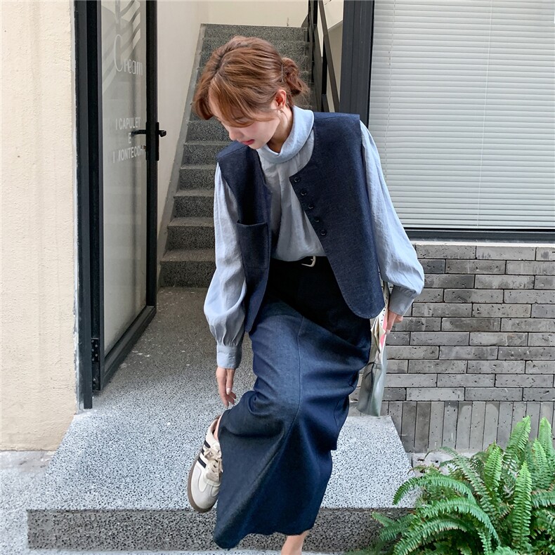 深蓝色马甲套装裙女2025秋季新款显瘦轻熟风长袖衬衫半身裙三件套,女装套装/套裙,2D035