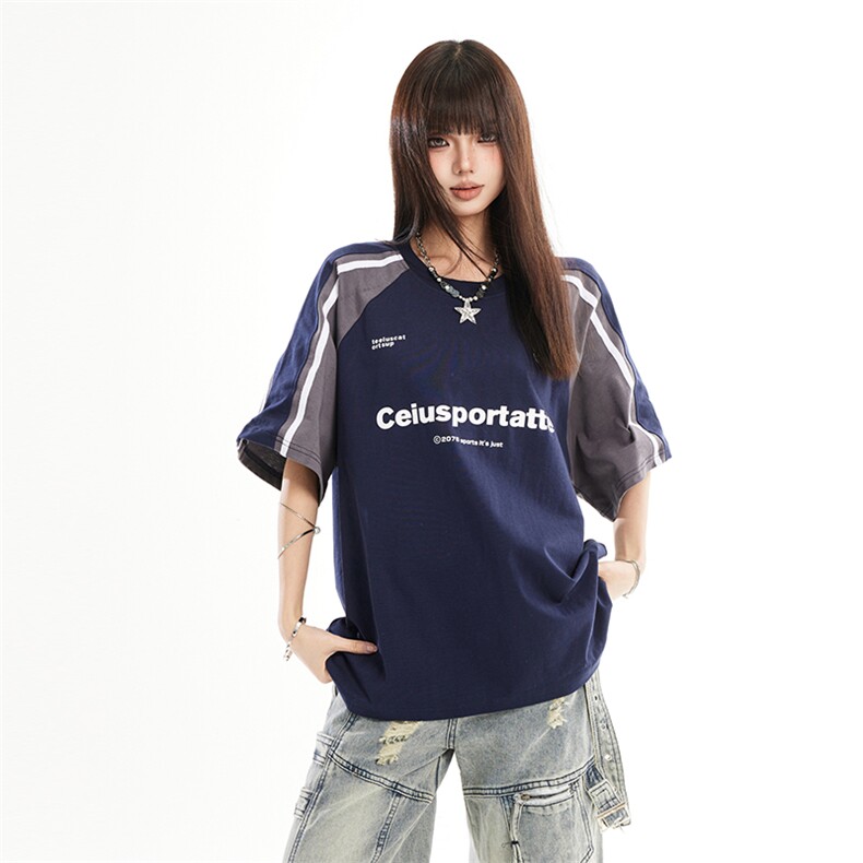 拼接撞色短袖男女2026夏季潮学院风字母印花情侣半袖T恤YD274-P45,男装T恤,星座509