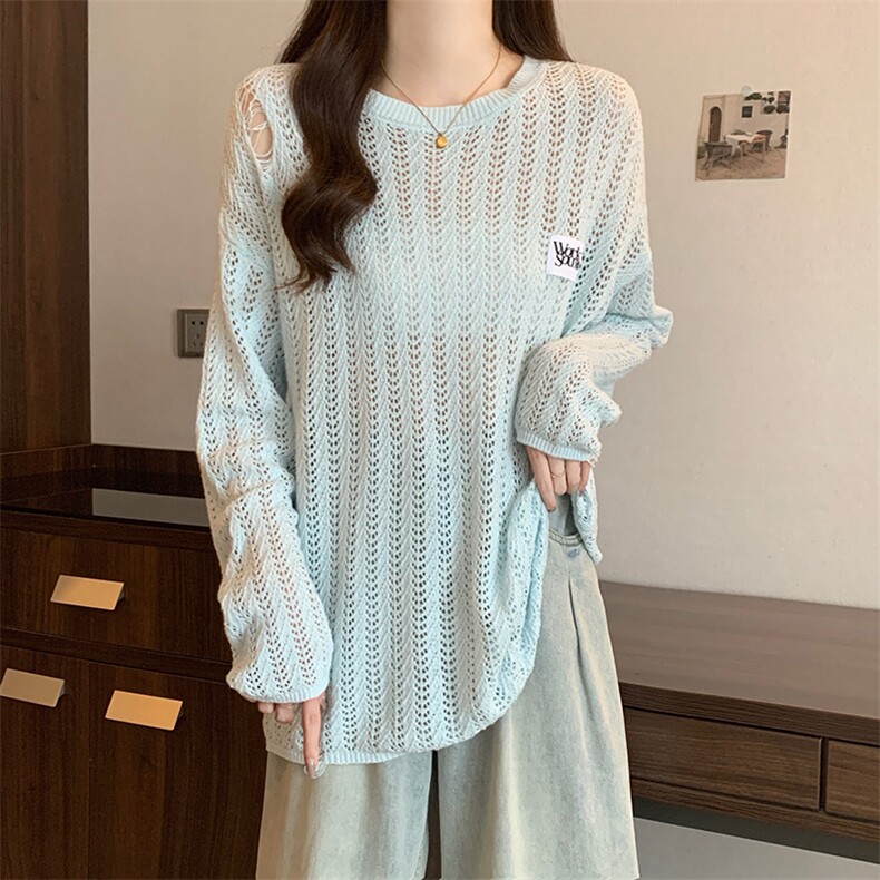 港风夏款男女冰丝针织衫长袖镂空破洞贴标宽松休闲毛衣M6017P50,男装针织衫/毛衣,星座1013-1