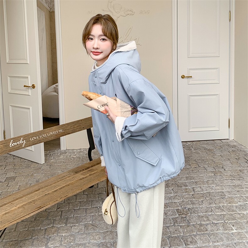 浅蓝色短款连帽棉服女韩系新款派克服保暖棉衣外套6110P215K328,女装棉衣/棉服,维壹