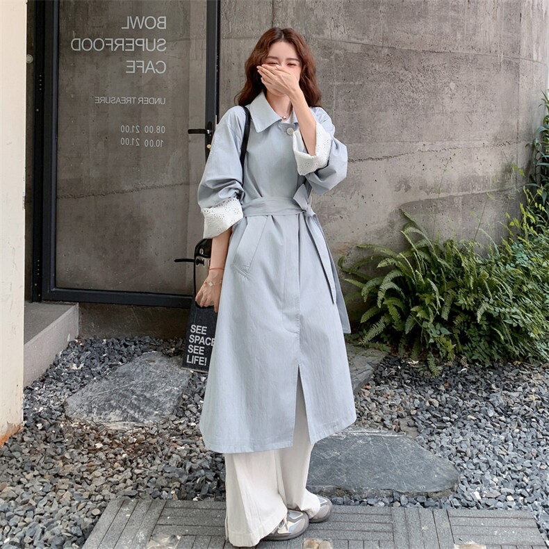 新款现货韩系长款风衣袖口花边外套,女装风衣,2C062