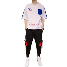 2023夏季潮流时尚T恤男装青少年宽松棉质ins圆领套装F160P75，男装休闲套装，电商A086