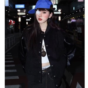慵懒简约文艺潮流新款气质毛呢拼皮袖双层棒球服夹克百搭时尚原宿