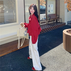 韩系chic休闲减龄复古红色短外套女春秋超火好看宽松工装夹克上衣，女装短外套，2B237
