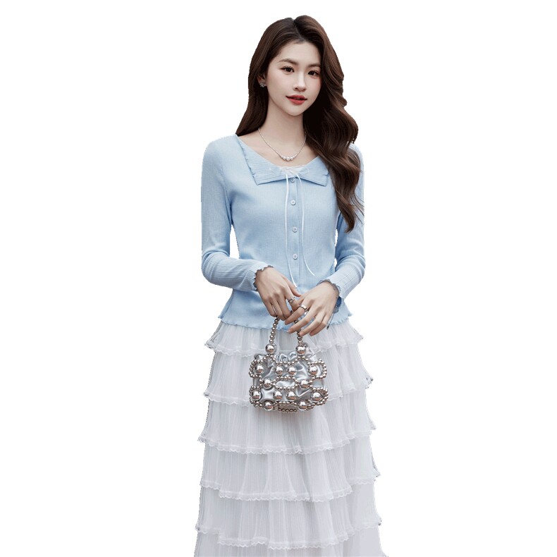 现货2026年春季气质优雅时尚潮流通用女针织衫上衣蕾丝连衣裙套装，女装套装/套裙，奋斗女王