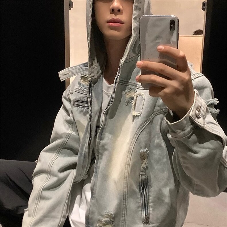 高街新款美式复古街头水洗做旧牛仔外套男女秋季新款连帽牛仔夹克,男装工装外套,星座506A