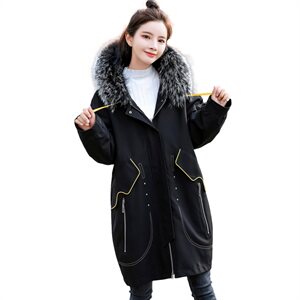 2022冬季新款时尚休闲加绒中长款棉衣宽松舒适大毛领棉服外套，女装棉衣/棉服，米雪儿